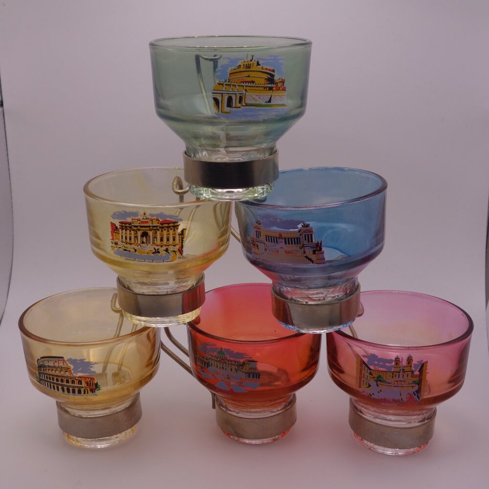 Set of Six(6) Roma Scene Glass Cups with Metal Handles